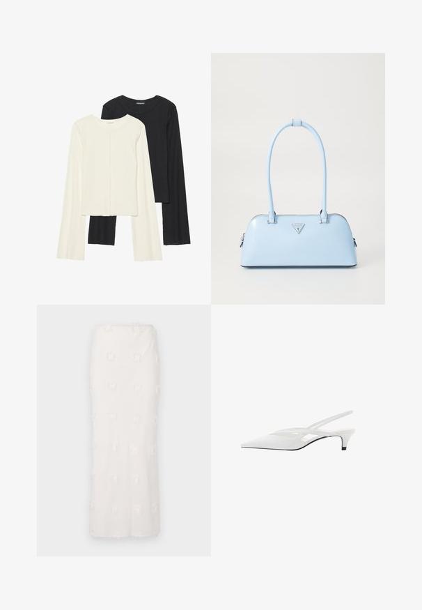 Nabor dveh dolgih rokavov v beli in črni barvi. Žameten vzorec, okrogla ovratnica, prilegajoča zasnova z rahlo razširjenimi rokavi.; Bela krila do kolen, izdelana iz teksturirane tkanine, s vezenim vzorcem in diskretnimi resicami. Ravnina rez in brezšivni pas.; Bela slingback peta z ošiljenim nosom, z gladkim zgornjim delom, subtilnimi izrezi in nizkim blok petkom. Črna podplat poudarja dizajn.; Svijetloplavi ručni torbica s strukturiranim oblikom, glatkim kožnim materijalom, dvije ručke i trokutastim logotipom brenda na prednjoj strani. S zatvaračem.