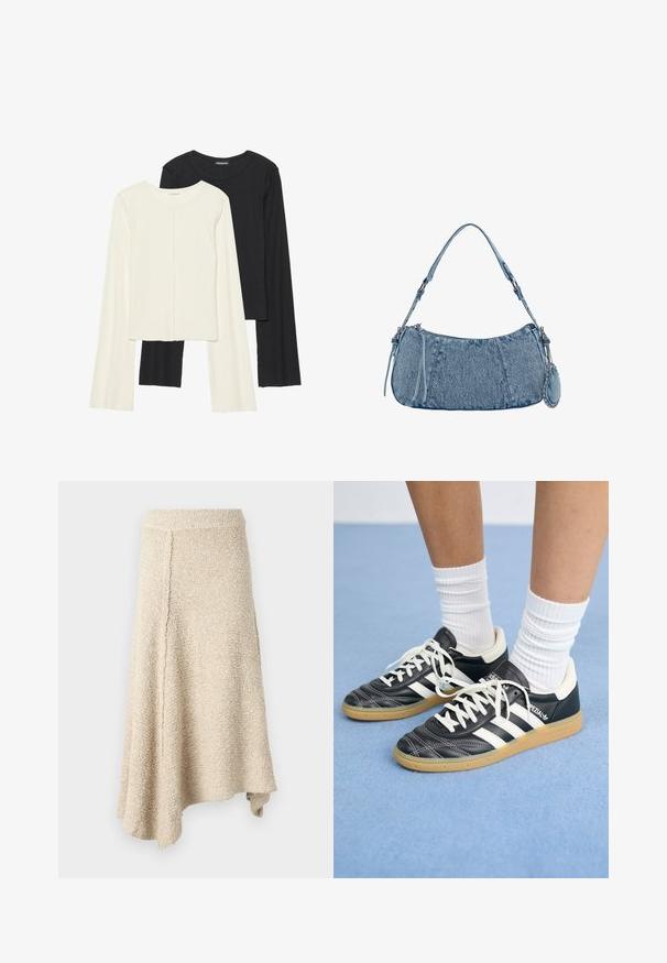 Souprava dvou dlouhých rukávů v bílé a černé barvě. Hladká textura, kulatý výstřih, upnutý střih s mírně rozšířenými rukávy.; Béžová texturovaná sukně s rozšířeným lemem, se zvýšeným pasem a asymetrickým střihem, vyrobená z měkkého pleteného materiálu.; Černé kožené tenisky s bílými pruhy, kulatou špičkou, bílými tkaničkami a gumovou podrážkou. Zvýrazněno polstrovaným límcem a detaily s logem.; Džínová kabelka s zakřiveným tvarem, světle modré barvy, nastavitelným ramenním popruhem a malou odnímatelnou kapsičkou s metalickými akcenty.