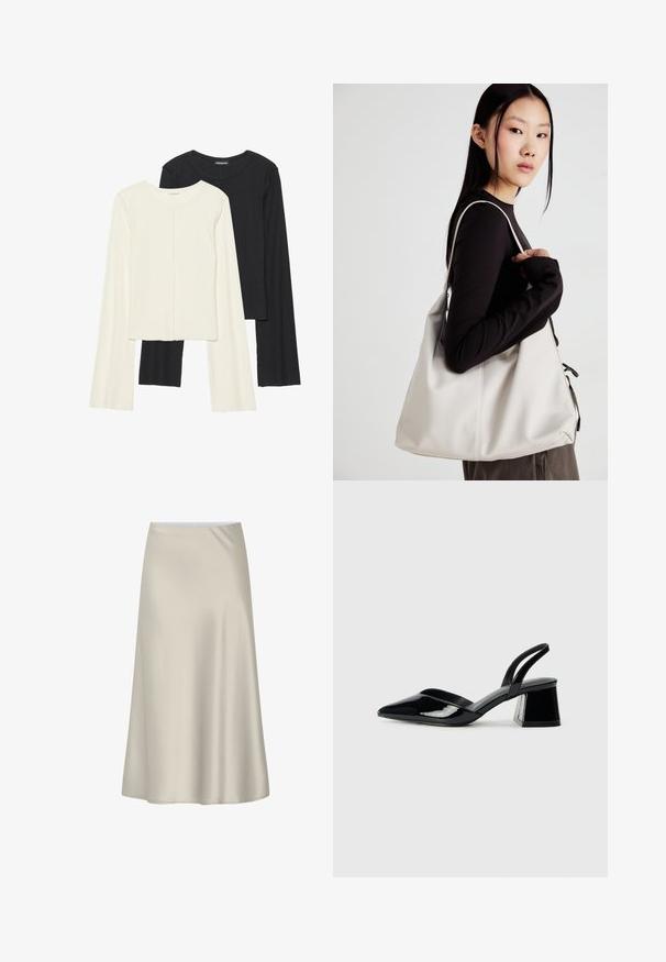 Nabor dveh dolgih rokavov v beli in črni barvi. Žameten vzorec, okrogla ovratnica, prilegajoča zasnova z rahlo razširjenimi rokavi.; Kratka A-linijska krila do kolen v mehki bež tkanini, ki se ponaša s gladko teksturo in preprostim, brez okrasnim dizajnom ter elastičnim pasom.; Črne lakirane slingback pete s koničastim nosom in geometrijsko blokasto peto. Imajo eleganten, minimalističen dizajn in gladko teksturo.; Bežna torbica iz mehkega materiala, z ohlapno zasnovo, šivi in dvema naramnicama. Primerna za vsakodnevno uporabo.