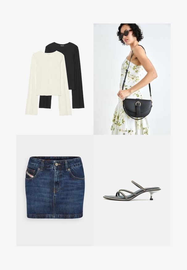 Souprava dvou dlouhých rukávů v bílé a černé barvě. Hladká textura, kulatý výstřih, upnutý střih s mírně rozšířenými rukávy.; Jeansová sukně tmavě modré barvy, s přiléhavým střihem, pěti kapsami a oranžovým prošíváním. Má kovové zapínání na knoflík v pase.; Denimové sandály s třemi tenkými pásky zdobenými kamínky, špičatou špičkou a kovovým jehlovým podpatkem. Protiskluzová podešev.; Černá kožená kabelka s křivkovým tvarem, odnímatelným popruhem a zlatými detaily. Kabelka má klopu s přezkou.