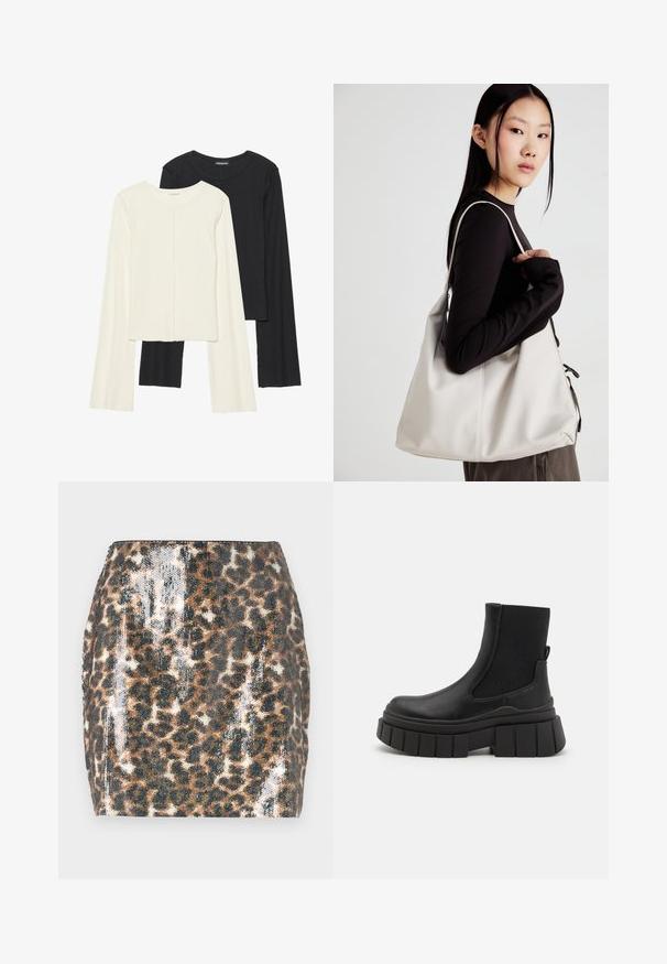 Set de două bluze cu mâneci lungi, una albă și una neagră. Textură ribbată, decolteu rotund, design ajustat cu mâneci ușor evazate.; Fustă mini cu imprimeu leopar, ce prezintă o textură strălucitoare, un design ajustat, culori maro și negru, și un tiv drept.; Boots negri până la glezne, realizate din piele netedă, cu panouri laterale elastice, o talpă platformă robustă și un design texturat al tălpii.; Geantă bej din material moale, cu un design lejer, detalii cusute și două bretele pentru umăr. Potrivită pentru utilizarea zilnică.