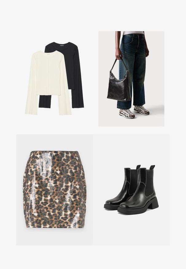 Set van twee longsleeve tops in wit en zwart. Geribbelde textuur, ronde hals, aansluitend ontwerp met licht uitlopende mouwen.; Mini rok met panterprint, voorzien van een glinsterende textuur, een getailleerd ontwerp, bruin en zwart kleuren, en een rechte zoom.; Zwarte leren Chelsea-boots met een chunky hak, elastische zijpanelen en contrasterende witte stiksels. Gestructureerde afwerking.; Zwarte leren schoudertas met een gladde textuur en een verstelbare strap, gecombineerd met vervaagde wijde jeans en sportieve sneakers.