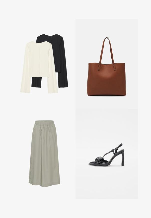 Súprava dvoch dlhých rukávov v bielej a čiernej farbe. Žebrovaná textúra, okrúhly výstrih, priliehavý strih s mierne rozšírenými rukávmi.; Svetlozelená sukňa až po kolená vyrobená z jemného materiálu s elastickým pásom, ktorá má nariasený dizajn a diskrétne švy.; Čierna lodička s vysokým podpätkom a špicatou špičkou, lesklý povrch, tenké remienky a dekoratívny plisovaný detail na prednej strane.; Hnedá kožená taška na rameno s hladkou textúrou, otvoreným vrchom a dvoma ramenými popruhmi. Má minimálne šitia a žiadne viditeľné kovania.