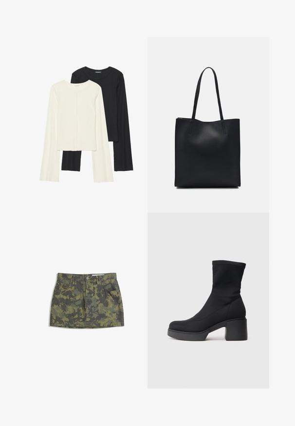Set de două bluze cu mâneci lungi, una albă și una neagră. Textură ribbată, decolteu rotund, design ajustat cu mâneci ușor evazate.; Fustă din denim verde camuflat, cu talie ajustată, patru buzunare și închidere cu buton. Modelul include desene cu frunze de verde închis și deschis.; Bocanci negri la gleznă, cu un material elastic în partea de sus, bot rotund și toc gros pătrat. Textură netedă cu detalii de cusătură vizibile.; Geantă tote neagră din piele, cu textură netedă, formă rectangulară și două mânere lungi. Fără hardware vizibil sau ornamente.