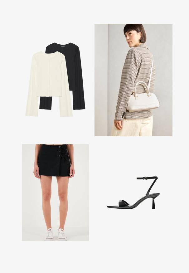 Set van twee longsleeve tops in wit en zwart. Geribbelde textuur, ronde hals, aansluitend ontwerp met licht uitlopende mouwen.; LELA Shorts - black; Bershka Sandalen met hoge hak - black; Witte gestructureerde handtas met korte handvatten en een schouderband, voorzien van gouden hardwareaccenten en een textuurmateriaal, tentoongesteld tegen een grijze achtergrond.