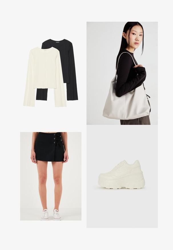 Dviejų ilgomis rankovėmis marškinėlių rinkinys, baltas ir juodas. Raukšlėta tekstūra, apvalus kaklas, prigludusi forma su šiek tiek platėjančiomis rankovėmis.; LELA Šortai - black; Baltos platformos sportbačiai su lygiu odos primenančiu paviršiumi, apvalia forma, paminkštintu apykakle ir tekstūruotu guminiu padu su ryškiais protektoriais.; Bežinė rankinė, pagaminta iš minkštos medžiagos, turinti laisvą dizainą, siuvinėtas detalės ir dvi petnešos. Tinkama kasdieniam naudojimui.