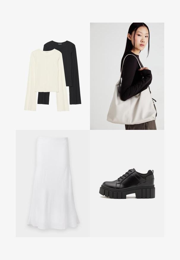 Conjunto de duas blusas de manga longa em branco e preto. Textura canelada, decote redondo, design ajustado com mangas ligeiramente evasê.; Saia branca com uma forma fluida em A, feita de tecido leve. Textura suave, no comprimento do joelho, apresentando um design simples sem padrões.; Sapatos de plataforma em couro preto com um salto bloco robusto, bico redondo e design clássico de atacadores. Apresentam uma textura suave e detalhes mínimos.; Uma bolsa bege feita de material macio, com um design descontraído, detalhes de costura e duas alças para o ombro. Adequada para uso diário.