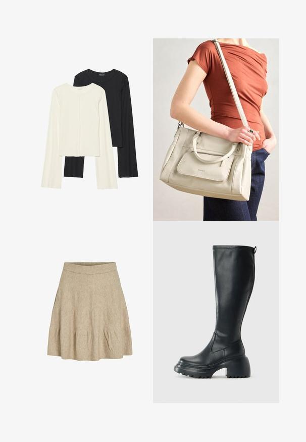 Set aus zwei Langarmoberteilen in Weiß und Schwarz. Rippstruktur, Rundhalsausschnitt, figurbetontes Design mit leicht ausgestellten Ärmeln.; Ein kurzer, beigefarbener Rock aus einem weichen, strukturierten Stoff mit einem gerippten Bund und leichtem Faltenwurf nahe dem Saum.; Hoher schwarzer Lederstiefel mit einer robusten Plateausohle und Blockabsatz, der über eine Zuglasche und ein strukturiertes Profil an der Außensohle verfügt.; Weiße Lederhandtasche mit zwei Griffen und einem abnehmbaren Schulterriemen, ausgestattet mit einer vorderen Reißverschlusstasche und glatter Textur. Wird am Arm einer Person getragen.