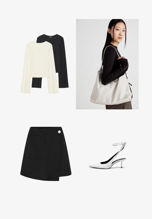 Set van twee longsleeve tops in wit en zwart. Geribbelde textuur, ronde hals, aansluitend ontwerp met licht uitlopende mouwen.; Zwarte wikkelrok gemaakt van stof met een gladde textuur. Beschikt over een zijzak en een zilveren knoopaccent in de taille.; Witte pointed-toe slingback hakken met een dunne enkelband. Gladde leren materiaal, dunne stilettohak en een zwarte binnenvoering.; Beige handtas gemaakt van zacht materiaal, met een slonzig ontwerp, gestikte details en twee schouderbanden. Geschikt voor dagelijks gebruik.