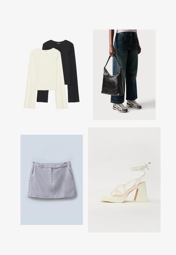 Kaksik Eri pikkusega valge ja musta värvi pikkade varrukatega topsi. Ribikstruktuur, ümar kaelus, lihav disain, veidi laienevate varrukatega.; Hall hall, millel on sile tekstuur, lamedate vöökohtadega, kahe esiküljel oleva taskuga ja sirge lõikega disain.; Valged kõrge kontsaga sandaalid, millel on paks konts ja rihmadega disain koos pahkluu sidumisega. Sile tekstuur ja platvorm ees, et lisada kõrgust.; Must musta õlakott, millel on sile tekstuur ja reguleeritav rihm, koos pleekinud laia jalgadega teksade ja sportlike tossudega.; Selge ja merevaigu pringi, üks sile ja läbipaistev, teine tekstuurse, merevaigu viimistlusega. Mõlemad omavad ümarat, tugevat disaini.