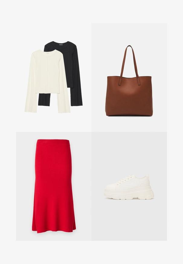 Kaksi pitkähihainen puseroa valkoisena ja mustana. Varren neulos, pyöreä kaulus, tiukka malli, jossa on hieman levenevät hihat.; Punainen ribbiknitti hame, jossa on tiukka vyötärö ja kellotettu helma. Sileä rakenne, jossa on pehmeä ulkonäkö. Ei näkyviä kuvioita tai varusteita.; Valkoinen kangaskenkä paksulla pohjalla, pyöreällä kärjellä ja viidellä nauhakuutiolla. Takareunan vipu helpottaa pukemista. Sileä pinta, minimalistinen muotoilu.; Ruskea nahkainen olkalaukku, jossa on sileä pinta, avoin yläosa ja kaksi olkahihnaa. Omaavat vain minimaalisen ompelun eikä näkyvää metalliosaa.