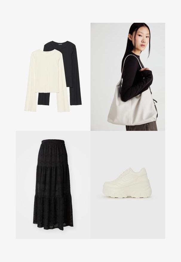 Kaksik Eri pikkusega valge ja musta värvi pikkade varrukatega topsi. Ribikstruktuur, ümar kaelus, lihav disain, veidi laienevate varrukatega.; Must mustriba mustriba tekstuurne kangas, millel on kihtide disain, kokku lohistaud vöö ja peened lainemustrid kogu ulatuses.; Valged platvormi tõusukingad, millel on siledast nahast meenutav pealis, ümar kuju, pehmendatud kaelus ja tekstureeritud kummitald koos selgete hüdrofoobsete mustritega.; Bež käekott pehme materjali, millel on lõtv disain, õmblustega detailid ja kaks õlarihma. Sobib igapäevaseks kasutamiseks.