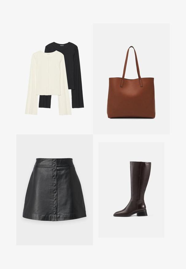 Nabor dveh dolgih rokavov v beli in črni barvi. Žameten vzorec, okrogla ovratnica, prilegajoča zasnova z rahlo razširjenimi rokavi.; Črna usnjena mini krilo s pravim krojem, gladko teksturo in sprednjim zapiranjem na gumbe z osmimi enakomerno razporejenimi gumbi.; Rjav usnjeni škornji do kolen z gladko površino, zaobljenim nosom in črnim zloženim petam. Enostavna zasnova z minimalnimi kovinskimi detajli.; Rjava usnjena torba z gladko teksturo, odprto zasnovo zgoraj in dvema naramnima trakovoma. Opremljena je z minimalnim šivanjem in brez vidnih kovinskih delov.