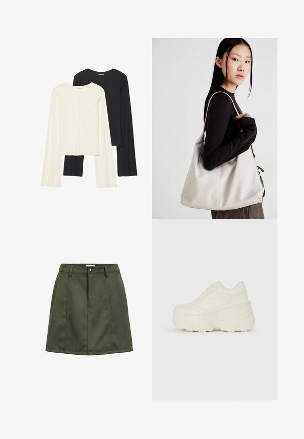 Set van twee longsleeve tops in wit en zwart. Geribbelde textuur, ronde hals, aansluitend ontwerp met licht uitlopende mouwen.; Donkergroene suède mini-jurk met riemlussen, knoop aan de voorkant en naaddetails.; Witte platform sneakers met een gladde leren bovenkant, afgeronde vorm, gewatteerde kraag en een gestructureerde rubberen zool met duidelijke profiel.; Beige handtas gemaakt van zacht materiaal, met een slonzig ontwerp, gestikte details en twee schouderbanden. Geschikt voor dagelijks gebruik.
