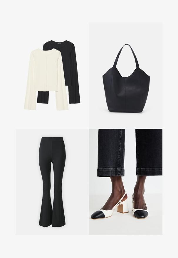 Kaksik Eri pikkusega valge ja musta värvi pikkade varrukatega topsi. Ribikstruktuur, ümar kaelus, lihav disain, veidi laienevate varrukatega.; Mustast lõtvuvate pükste, mis on valmistatud venivast kangast. Omab kõrget vööd ja sujuvat, keha järgivat disaini, mis laieneb põlve alt allapoole.; Valged ja mustad plokkningade sussid, millel on terav nina, sile nahk ja kontrastset värvi detailid ninakattes.; Must must kinnas must rinna, millel on kaarjas avatud ülemine osa, kaks õlarihma ja minimalistlik disain.