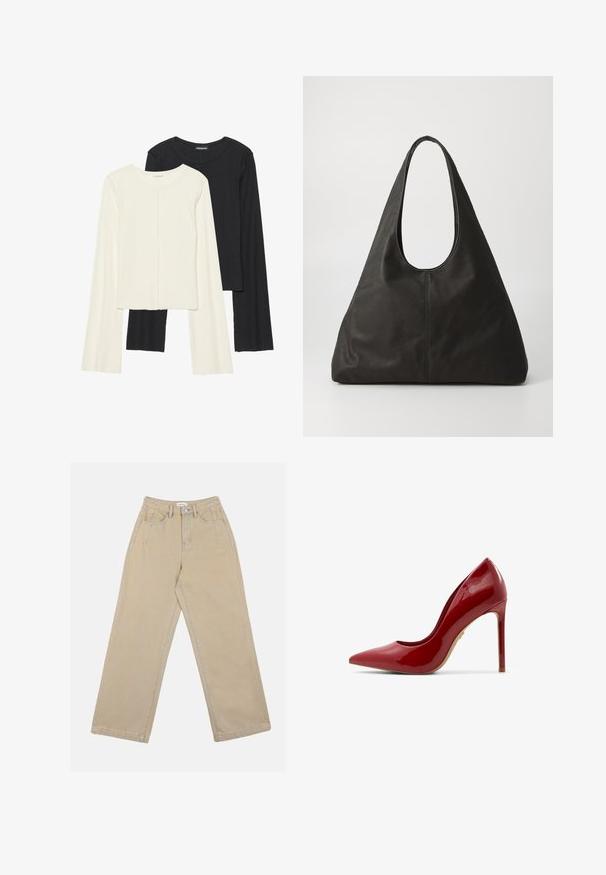 Sæt med to langærmede toppe i hvid og sort. Ribbet tekstur, rund halsudskæring, tætsiddende design med let udvidede ærmer.; Beige vidde benbukser lavet af denim, med høj talje, frontlommer og kontrast søm. Designet inkluderer en knaplukning.; Rød laklæder sandale med høj hæl, spids tå, glat overflade og en slank stiletto-hæl med en beige sål.; Sort læder tote bag med et buet håndtag, forlænget trekantet form og glat tekstur. Har et minimalistisk design uden synligt hardware.