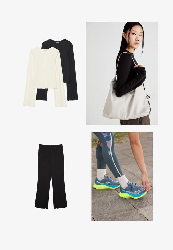 Ensemble de deux hauts à manches longues en blanc et noir. Texture côtelée, col rond, design ajusté avec des manches légèrement évasées.; Pantalon noir avec une coupe droite, doté de poches avant et d'éclairs sur l'ourlet. Fabriqué en tissu doux et lisse. Convient à diverses occasions.; Saucony ENDORPHIN PRO 4 - Chaussures de running sur route - mirage/citron; Sac à main beige en matériau souple, avec un design décontracté, des détails cousus et deux poignées. Idéal pour un usage quotidien.