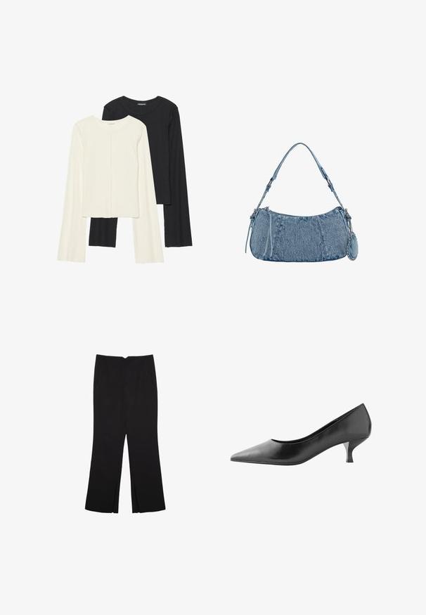 Set od dvije duge majice s dugim rukavima u bijeloj i crnoj boji. Rebrasta tekstura, okrugli izrez, uski kroj s blago raširenim rukavima.; Crne hlače ravnog kroja, s prednjim džepovima i bočnim prorezima na rubu. Izrađene od mekog i glatkog materijala. Pogodne za razne prigode.; Next FOREVER COMFORT COURT - Klasične cipele s visokom petom - mottled black; Denimska torba s zakrivljenim oblikom, svijetloplave boje, podesivim remenom za rame i malim odvojivim džepom s metalnim akcentima.