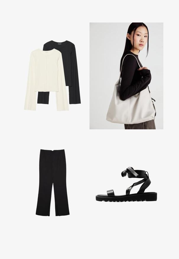 Sæt med to langærmede toppe i hvid og sort. Ribbet tekstur, rund halsudskæring, tætsiddende design med let udvidede ærmer.; Sorte bukser med lige pasform, der har frontlommer og slidser i kanten. Lavet af blødt, glat stof. Velegnet til forskellige anledninger.; Sorte sandaler med en tekstureret sål, der har slanke stropper og et knyttet design. Fremstillet af et glat materiale, moderne form og åben tå.; Beige håndtaske lavet af blødt materiale med et slouchy design, stikninger og to skulderremme. Velegnet til daglig brug.
