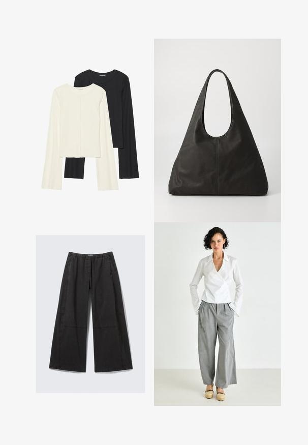 Sæt med to langærmede toppe i hvid og sort. Ribbet tekstur, rund halsudskæring, tætsiddende design med let udvidede ærmer.; Sorte bredbenede bukser lavet af bomuld. Har en elastisk talje og sidesømme med stikninger. Flad front uden lommer.; Hvid bluse med krave, kombineret med grå stribede bredde ben bukser og tan platform sko. Glat stof og afslappet pasform.; Sort læder tote bag med et buet håndtag, forlænget trekantet form og glat tekstur. Har et minimalistisk design uden synligt hardware.