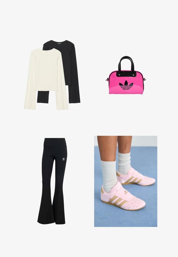 Conjunto de duas blusas de manga longa em branco e preto. Textura canelada, decote redondo, design ajustado com mangas ligeiramente evasê.; Leggings pretas com riscas em flared e uma cintura larga, apresentando um pequeno logo branco da Adidas no canto superior esquerdo. Textura de tecido suave.; Sapatilhas atléticas rosas com detalhes dourados, parte frontal texturizada e design de três riscas. Usadas com meias brancas caneladas. Sola de borracha plana.; Mala de patente rosa com um logótipo e alças pretas, apresentando uma forma arredondada e fecho de zíper. A textura brilhante aumenta a visibilidade.