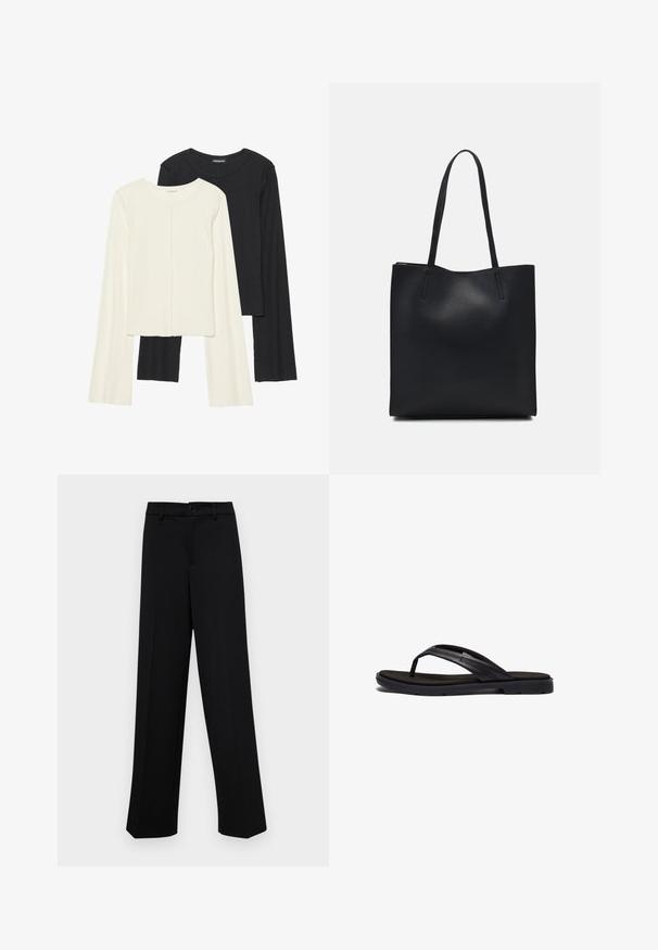 Set of two long-sleeve tops in white and black. Ribbed texture, round neck, fitted design with slightly flared sleeves.; Black wide-leg trousers made of smooth fabric, featuring a classic waistband with a button closure and front pleats.; Black flip-flop featuring a soft-textured rubber sole and sleek synthetic straps. The design includes minimal hardware and a low profile.; Black leather tote bag with smooth texture, rectangular shape, and two long handles. No visible hardware or embellishments.