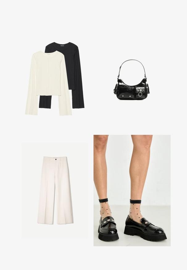 Nabor dveh dolgih rokavov v beli in črni barvi. Žameten vzorec, okrogla ovratnica, prilegajoča zasnova z rahlo razširjenimi rokavi.; Kremne široke hlače s krojem, ki vključujejo dve sprednji žepi in en sprednji gumb za zapiranje, izdelane iz gladkega blaga.; Črne lakirane usnjene loafer čevlje z debelim podplatom, okrašene s srebrnim okrasjem. V kombinaciji s prozornimi nogavicami s pikami do gležnjev.; Črna lakasta usnjena torbica s ukrivljeno obliko, enim ramenskim trakom, sprednjimi žepi in srebrnimi kovinskimi dodatki.