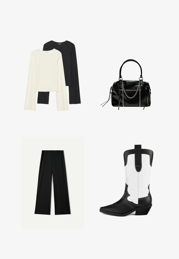 Zestaw dwóch bluzek z długim rękawem w kolorze białym i czarnym. Prążkowana struktura, okrągły dekolt, dopasowany fason z lekko rozszerzanymi rękawami.; Bershka WIDE czarny; Czarno-biała kowbojska bootka wykonana z syntetycznej skóry, z ostrym noskiem, falistym wzorem i niskim obcasem blokowym. Zauważalny detal w postaci przeszyć.; Bershka - Torebka
