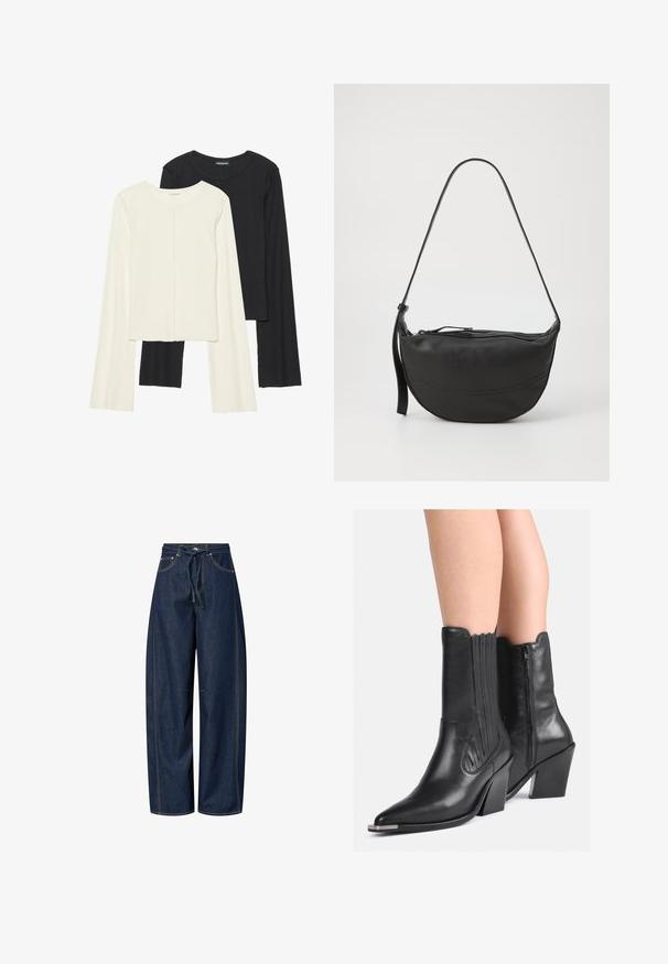Zestaw dwóch bluzek z długim rękawem w kolorze białym i czarnym. Prążkowana struktura, okrągły dekolt, dopasowany fason z lekko rozszerzanymi rękawami.; Spodnie dżinsowe o szerokich nogawkach w ciemnoniebieskim kolorze, z elastycznym pasem i sznurkiem, kontrastowym przeszyciem oraz dwiema przednimi kieszeniami. Gładka faktura, luźny krój.; Czarne skórzane kowbojki do połowy łydki z szpiczastymi noskami, wyższymi obcasami, bocznym zamkiem błyskawicznym oraz dekoracyjnym przeszyciem noszone na golych nogach.; Czarna skórzana torba na ramię o zaokrąglonym kształcie, z pojedynczym paskiem, zamknięciem na zamek oraz subtelnym przeszyciem wzdłuż korpusu.