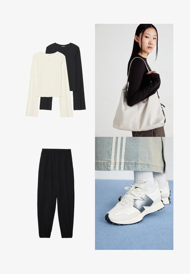 Nabor dveh dolgih rokavov v beli in črni barvi. Žameten vzorec, okrogla ovratnica, prilegajoča zasnova z rahlo razširjenimi rokavi.; Črne, lahke hlače z elastičnim pasom in nabranimi gležnji. Tkanina je gladka in ima sproščen, taperiran dizajn.; Bele športne superge z srebrnim akcentom, teksturirano blago in gladko usnje; z črnim gumijastim podplatom in vezalkami.; Bežna torbica iz mehkega materiala, z ohlapno zasnovo, šivi in dvema naramnicama. Primerna za vsakodnevno uporabo.