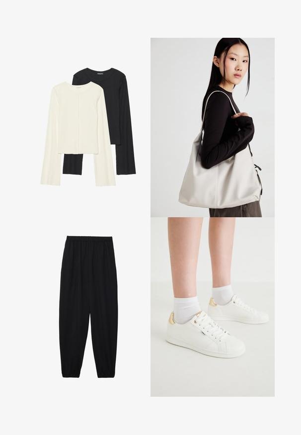 Súprava dvoch dlhých rukávov v bielej a čiernej farbe. Žebrovaná textúra, okrúhly výstrih, priliehavý strih s mierne rozšírenými rukávmi.; Čierne, ľahké nohavice s elastickým pásom a zúženými nohavicami. Tkanina je hladká a má voľný, zúžený strih.; Biele tenisky s hladkým povrchom, so zlatým akcentom na päte, šnurovaním vpredu a minimalistickým dizajnom. Kombinované s bielymi ponožkami.; Béžová kabelka vyrobená z mäkkého materiálu, s uvoľneným dizajnom, prišitými detailmi a dvoma popruhmi na nosenie na pleciach. Vhodná na každodenné nosenie.