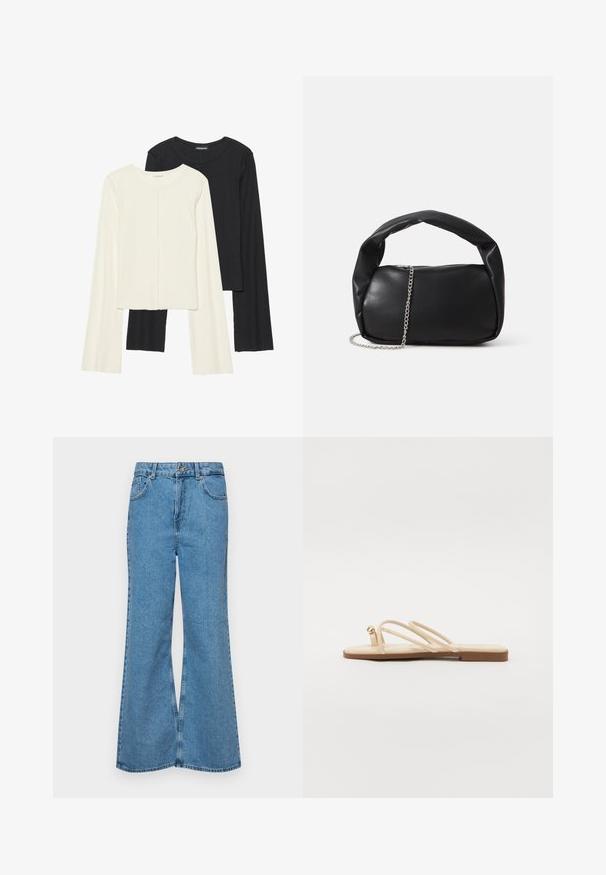 Két darabból álló hosszú ujjú felsők szettje fehér és fekete színben. Bordás textúra, kerek nyakkivágás, testhez simuló fazon, enyhén bővülő ujjakkal.; Világoskék, trapézszárú farmernadrág, magas derékkal, öt zsebbel és egy gombos záródással. Puha tapintású, magasított effektusú anyag.; Beige lapos szandál, három vékony pánttal és egy kis lekerekített arany díszítéssel. Simább anyag, minimalista dizájn és barna talp.; Fekete bőr kézitáska kerekded formával, vastag fogantyúval és ezüst lánc vállpánttal. Sima textúra, enyhe fényességgel.