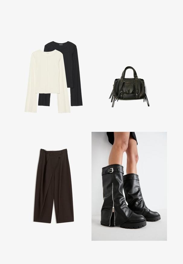 Set van twee longsleeve tops in wit en zwart. Geribbelde textuur, ronde hals, aansluitend ontwerp met licht uitlopende mouwen.; Donkere bruin wijde broek met een hoge taille, voorzien van een enkele knoopsluiting en een geplooide voorkant. Gemaakt van lichtgewicht stof.; Zwarte leren kniehoge laarzen met een brede schacht, voorzien van een zijrits en een gespaccent, met een gestructureerde afwerking en een chunky rubberen zool.; Zwarte lederen handtas met gevlochten handvatten, ritsvak en hangende franjes. Gelaagde oppervlakte met metalen studs en hardwareaccenten.