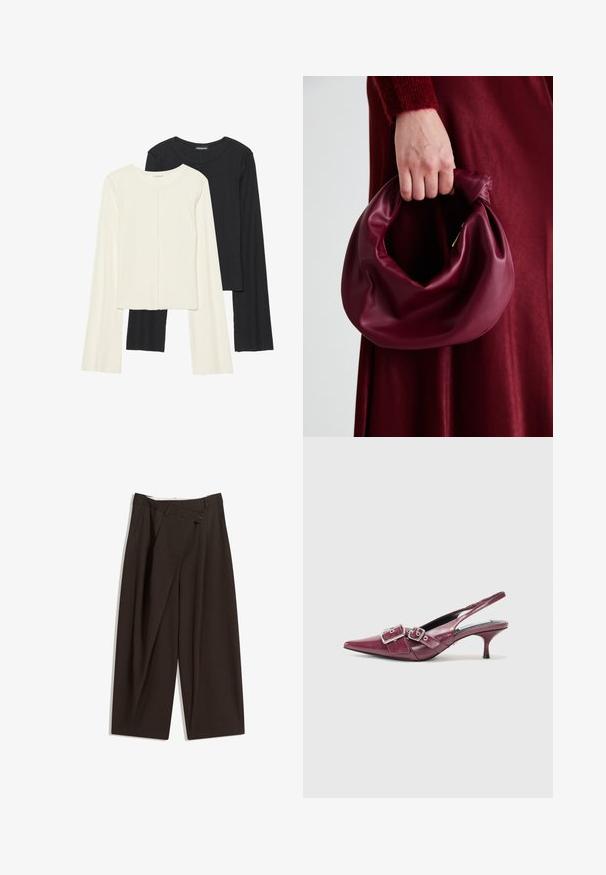 Kaksi pitkähihainen puseroa valkoisena ja mustana. Varren neulos, pyöreä kaulus, tiukka malli, jossa on hieman levenevät hihat.; Tummanruskeat leveälahkeiset housut, joissa on korkea vyötärö, yhden napin sulkea ja pleatattu etuosa. Valmistettu kevyestä kankaasta.; Burgundy nahkakengät, joissa on kärjestä kapeneva muoto, pieni korko ja kaksinkertaiset solkiyksityiskohdat. Sujuva pinta, jossa on ommeltuja yksityiskohtia.; Burgundy-nahkakäsilaukku, jossa on pehmeä, ryppyinen muotoilu ja pyöreä muoto. Kahva on kiinnitetty tukevasti, ja siinä on sileä pinta.