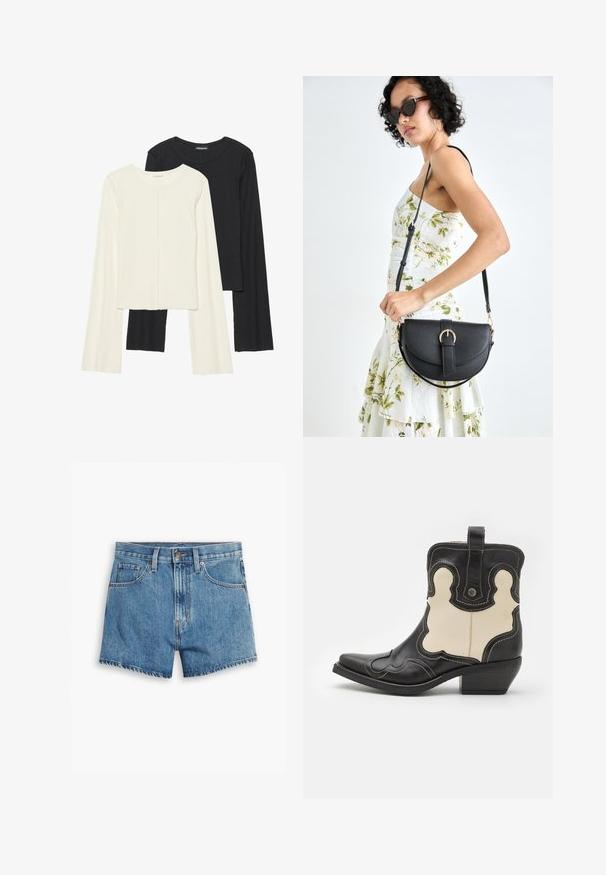 Set of two long-sleeve tops in white and black. Ribbed texture, round neck, fitted design with slightly flared sleeves.; Denim shorts in light blue, featuring five pockets, a zip fly, and a button closure. The hem is frayed with a relaxed fit design.; Black and cream leather cowboy boot with white stitching, pointed toe, curved patterns, and a short stacked heel. Pull tab on the back.; Black leather handbag with a curved shape, detachable strap, and gold hardware. The bag features a flap with a buckle detail.