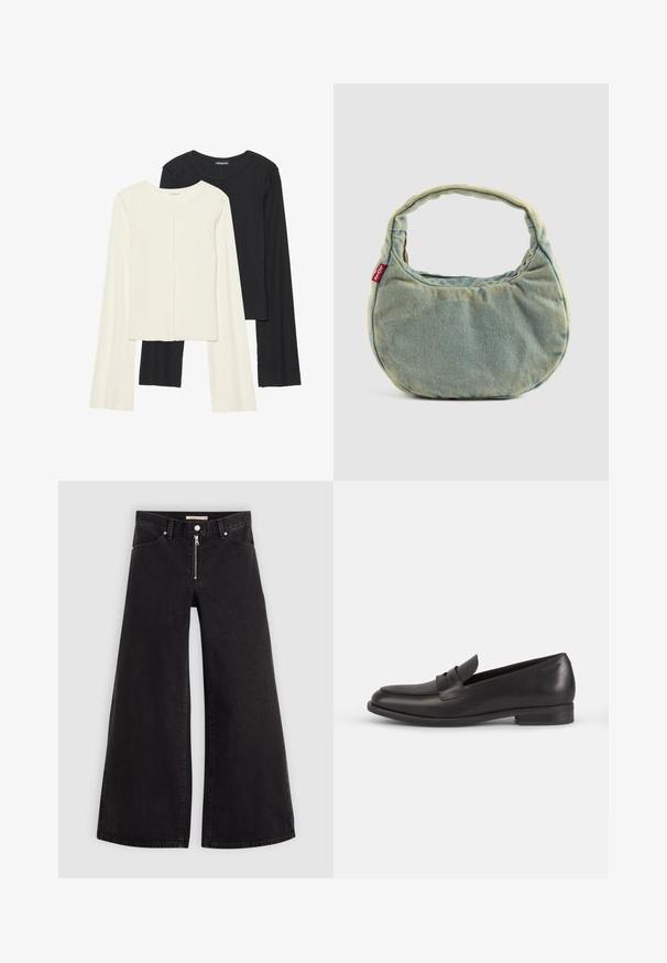 Kaksi pitkähihainen puseroa valkoisena ja mustana. Varren neulos, pyöreä kaulus, tiukka malli, jossa on hieman levenevät hihat.; Mustat leveälahkeiset farkut, joissa on vetoketjufrunti, viisi-taskuinen muotoilu ja hienovaraiset ompelusyyt. Sileä pinta ja rento tyyli.; Mustat nahkakengät, joissa on pyöristetty kärki, koristeompeleet ja matala lohkakorko. Niissä on sileä pinta ja minimalistinen muotoilu.; Vaaleansininen farkkukäsilaukku, jossa on lyhyt pehmustettu kahva ja pieni punainen Levi's-logotagi sivussa, kuvattuna yksinkertaista taustaa vasten.