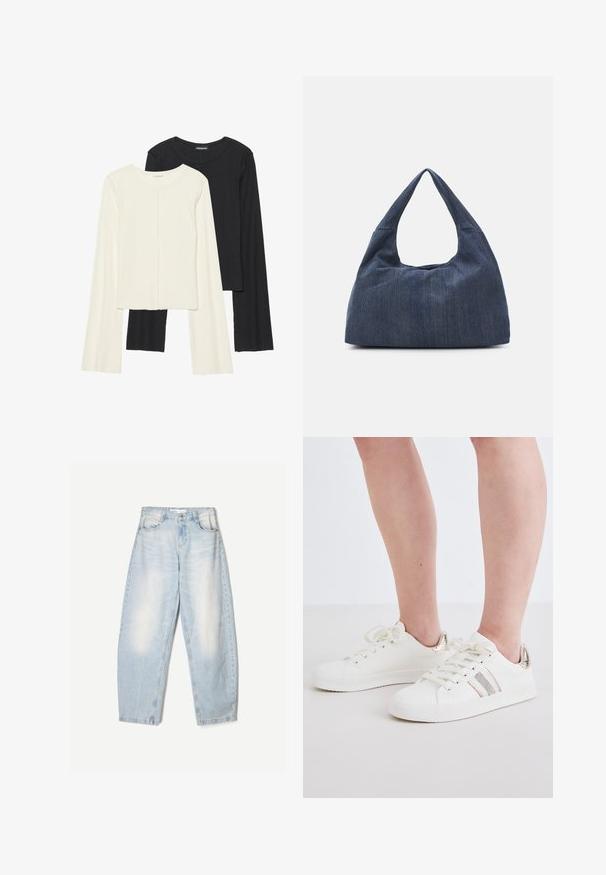 Set de două bluze cu mâneci lungi, una albă și una neagră. Textură ribbată, decolteu rotund, design ajustat cu mâneci ușor evazate.; Jeanși din denim albastru deschis, cu o croială lejeră, având un finisaj decolorat, două buzunare frontale și o închidere cu nasture la talie.; Adidași albi cu accente metalice decorative, având o suprafață netedă, vârf rotund, șireturi în față și dungi subtile strălucitoare.; Geantă din denim albastru închis, cu o formă moale și lejeră, având un mâner în stil hobo și o suprafață texturată. Fără accente de metal vizibile.