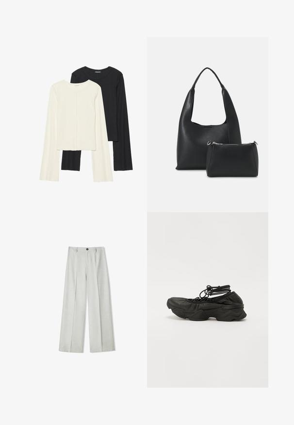 Súprava dvoch dlhých rukávov v bielej a čiernej farbe. Žebrovaná textúra, okrúhly výstrih, priliehavý strih s mierne rozšírenými rukávmi.; Svetlosivé široké nohavice vyrobené z textúrovaného materiálu, s gombíkovým zapínaním a dvoma záhybmi vpredu pre dodatočný detail.; Čierna športová obuv s textúrovaným koženým zvrškom, zaoblenou špičkou a robustnou podrážkou. Šnúrky upevnené slučkami pri členku pre tesné priliehanie.; Even&Odd Kabelka - black