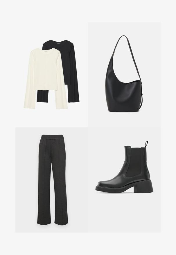 Két darabból álló hosszú ujjú felsők szettje fehér és fekete színben. Bordás textúra, kerek nyakkivágás, testhez simuló fazon, enyhén bővülő ujjakkal.; Fekete egyenes szabású nadrág, gumis derékkal, elöl pliszékkel, puha anyagból, látható minták vagy fém részletek nélkül.; Fekete bőr bokacsizma elasztikus oldalsó panelekkel, kerek orral és vastag blokk sarokkal. Sima textúra, minimalista design.; Fekete bőr hobo táska sima textúrával, ívelt formával és egyetlen állítható pánttal; széles nyílás található a tetején.