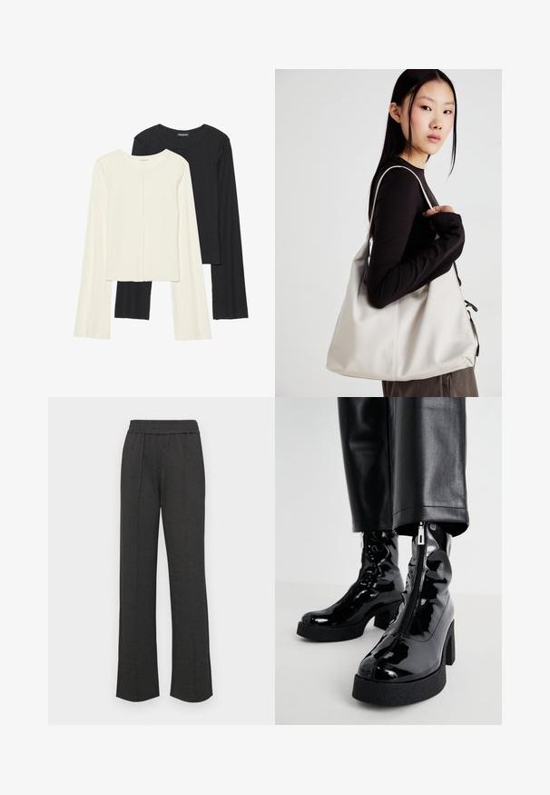 Sett med to langermede topper i hvit og svart. Ribbete tekstur, rund hals, tettsittende design med lett utsvingte ermer.; Svart rette bukser med elastisk liv, frontfolder, myk stoff, og uten synlige mønstre eller maskinvare detaljer.; Sorte patentlæder ankelstøvler med en chunky platform og hæl, der har en sidezipper og en glat, blank overflade.; Beige håndveske laget av mykt materiale, med en slapp design, sydd detaljer og to skulderstropper. Passer for daglig bruk.