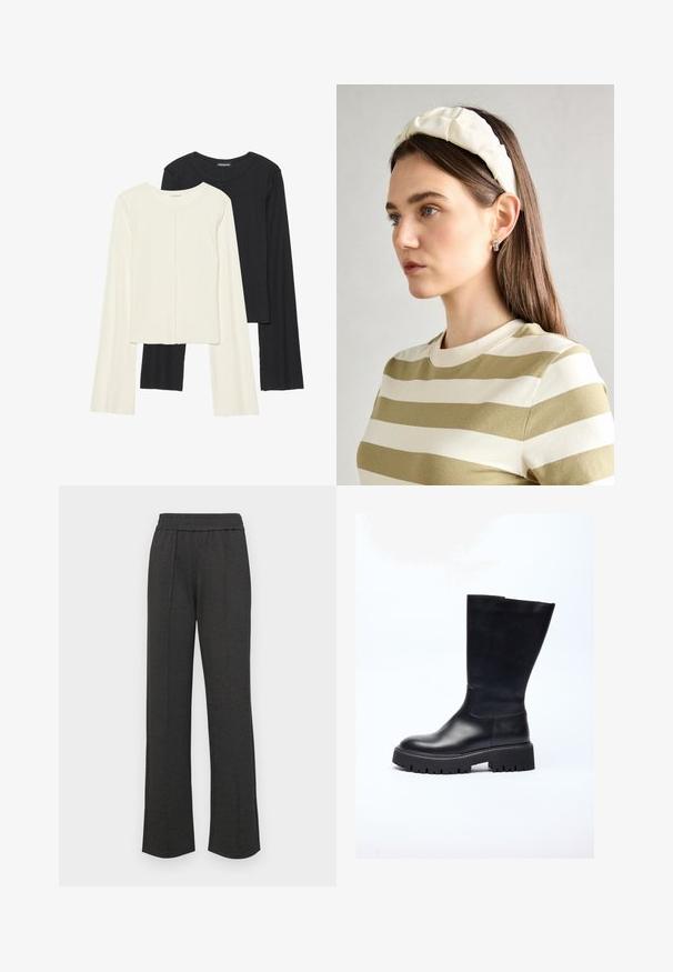 Sett med to langermede topper i hvit og svart. Ribbete tekstur, rund hals, tettsittende design med lett utsvingte ermer.; Svart rette bukser med elastisk liv, frontfolder, myk stoff, og uten synlige mønstre eller maskinvare detaljer.; Sorte skinn kneehøye støvler med en kraftig såle, designet med en glatt tekstur, rund tå og minimalistisk silhuett.; Kremfarget polstret hodebånd med tvunnet design, kombinert med en beige og hvit stripete skjorte med rund halsutskjæring. Subtile smykker som aksenter.