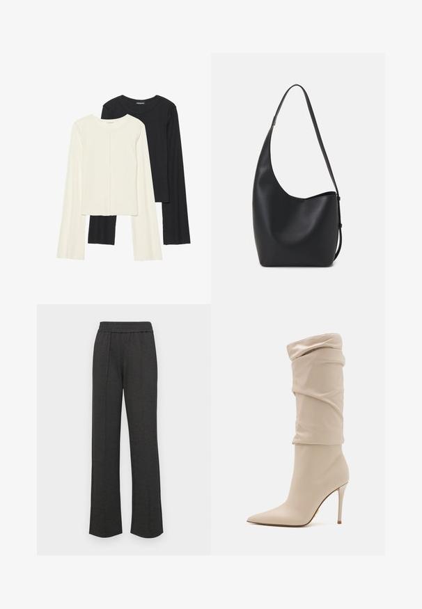 Set van twee longsleeve tops in wit en zwart. Geribbelde textuur, ronde hals, aansluitend ontwerp met licht uitlopende mouwen.; Zwarte rechte broek met een elastische tailleband, een plooi aan de voorkant, zacht materiaal en geen zichtbare patronen of hardwaredetails.; Beige enkellaarsjes met hoge hak van glad leer, met een slouchy design, spitse neus en een dunne stilettohak. Gouden accentdetail aan de achterkant.; Zwarte leren hobo tas met een gladde textuur, kromme vorm en een enkele verstelbare schouderband; heeft een brede opening aan de bovenkant.