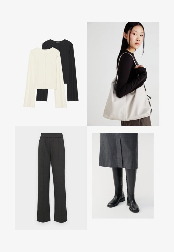 Kaksi pitkähihainen puseroa valkoisena ja mustana. Varren neulos, pyöreä kaulus, tiukka malli, jossa on hieman levenevät hihat.; Mustat suorat housut, joissa on joustava vyötärö, etupleatit, pehmeä kangas ja ilman näkyviä kuvioita tai metalliosia.; Mustat nahkaiset saappaat, jotka ulottuvat polveen, ovat sileäpintaiset, sivuista vetskareilla varustetut ja niissä on litteä pohja. Saappaissa on jämäkkä varsi ja minimaalinen varustus.; Beige laukku, joka on valmistettu pehmeästä materiaalista, ja siinä on rento muotoilu, ommeltu yksityiskohtia ja kaksi olkahihnaa. Sopii päivittäiseen käyttöön.