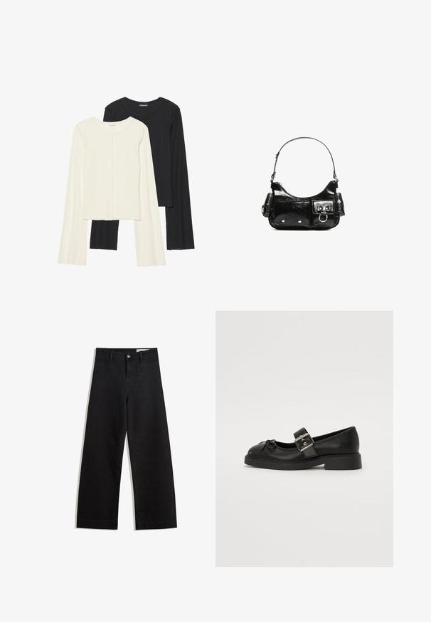 Set med två långärmade toppar i vitt och svart. Ribbade texturer, rund hals, figurnära design med något utställda ärmar.; Svarta vida denimbyxor med hög midja, med fram- och bakfickor, sydda sömmar och knappstängning. Slät textur.; Svart läder Mary Jane-sko med rund tån, ankelrem och detaljer i silverfäste. Har en flat, kraftig sula och en rosettdekoration.; Svart lackläderhandväska med en rundad form, en axelrem, framfickor och detaljer i silverfärg.