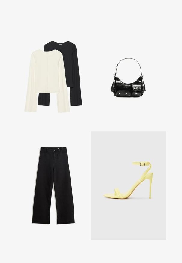 Set aus zwei Langarmoberteilen in Weiß und Schwarz. Rippstruktur, Rundhalsausschnitt, figurbetontes Design mit leicht ausgestellten Ärmeln.; Schwarze weit geschnittene Jeans mit hoher Taille, ausgestattet mit Vorder- und Hintertaschen, gesteppten Nähten und einem Knopfverschluss. Glatte Textur.; Gelbe Lackleder-Pumps mit hohen Absätzen, zwei vorderen Riemen und einem Knöchelriemen mit Schnalle. Schlankes, spitzes Absatzdesign.; Schwarze Lackleder-Handtasche mit geschwungenem Design, einem Schulterriemen, Vordertaschen und silberfarbenen Hardware-Akzenten.