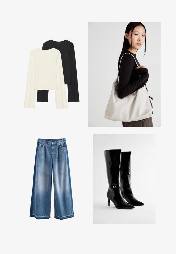 Nabor dveh dolgih rokavov v beli in črni barvi. Žameten vzorec, okrogla ovratnica, prilegajoča zasnova z rahlo razširjenimi rokavi.; Široke denim hlače v svetlo do srednje modri barvi, z zbledelim pranjem, klasičnimi žepi in zapiranjem na gumb. Trdna bombažna tkanina.; Črne škornje do kolen iz sijajne usnje, z ostrimi prsti in ozkim visokim petam. Vključujejo diskreten kovinski poudarek na strani.; Bežna torbica iz mehkega materiala, z ohlapno zasnovo, šivi in dvema naramnicama. Primerna za vsakodnevno uporabo.