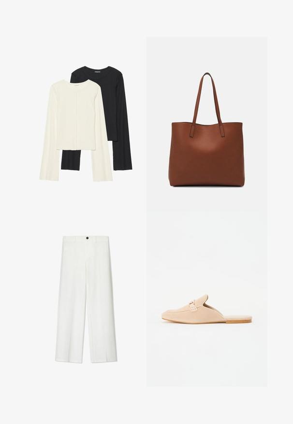 Nabor dveh dolgih rokavov v beli in črni barvi. Žameten vzorec, okrogla ovratnica, prilegajoča zasnova z rahlo razširjenimi rokavi.; Beli, široke hlače z gladko teksturo, ki imajo sprednji gumb in zankice za pas, zasnovane za sproščen kroj.; Bež semiš verski loafersi s zaprtim nosom, ki imajo dekorativen detajl s sponko in ravno plitvo podplatom iz plute. Gladka tekstura z minimalnim dizajnom.; Rjava usnjena torba z gladko teksturo, odprto zasnovo zgoraj in dvema naramnima trakovoma. Opremljena je z minimalnim šivanjem in brez vidnih kovinskih delov.