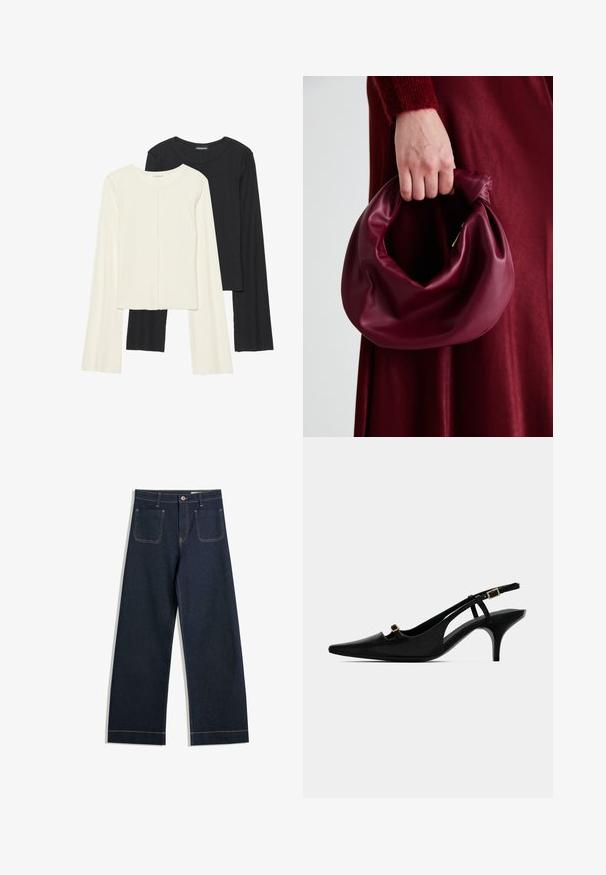 Set van twee longsleeve tops in wit en zwart. Geribbelde textuur, ronde hals, aansluitend ontwerp met licht uitlopende mouwen.; Donkerblauwe wijde jeans gemaakt van denim met contrasterende tan stiksels, twee achterzakken en een knoopsluiting bij de taille.; Zwarte gespenpumps met puntige neus, een lage gebogen hak en een kleine gouden gesp op de voorste riem en de enkelriem.; Bordeaux leren handtas met een zacht, gegathered ontwerp en een ronde vorm. De handgreep is stevig bevestigd en toont een gladde textuur.