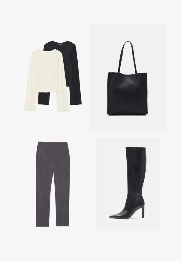 Sett med to langermede topper i hvit og svart. Ribbete tekstur, rund hals, tettsittende design med lett utsvingte ermer.; Grå skreddersydde bukser laget av et teksturert stoff, med sidelommer og rett ben design med en glatt midje.; Knæhøye svarte skinnstiletto-støvler med spiss tå og glatt tekstur, som har et elegant design og minimalt med sømdetaljer.; Svart lær tote bag med glatt tekstur, rektangulær form og to lange håndtak. Ingen synlige deler eller dekorasjoner.