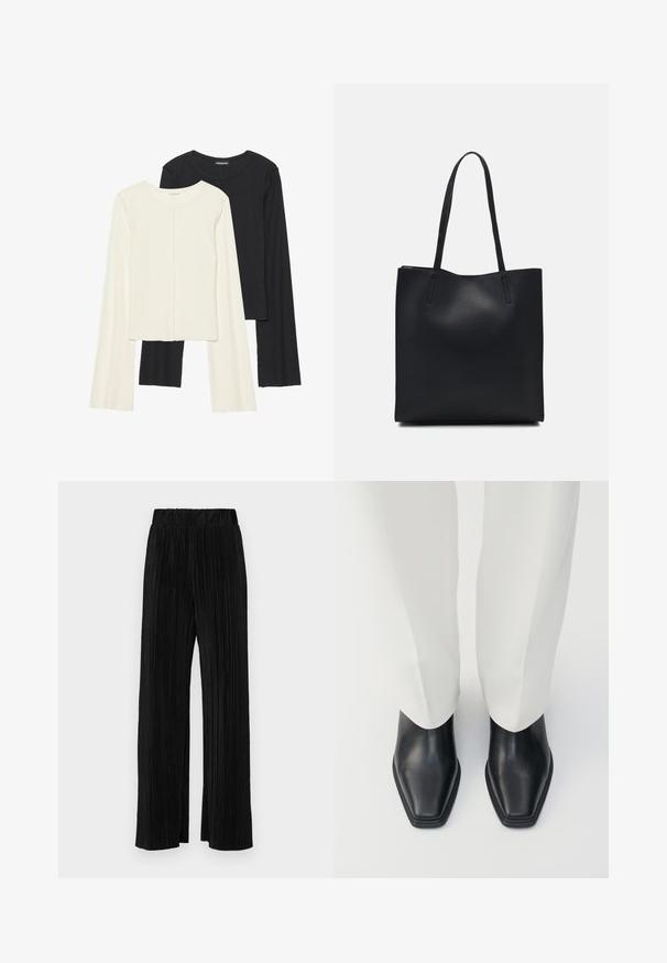 Set of two long-sleeve tops in white and black. Ribbed texture, round neck, fitted design with slightly flared sleeves.; Black pleated trousers with an elastic waistband. Features wide legs and a smooth, textured fabric with vertical stripes.; Black leather ankle boots with a pointed toe and a low stacked heel, paired with white wide-leg trousers. Smooth texture, sleek design.; Black leather tote bag with smooth texture, rectangular shape, and two long handles. No visible hardware or embellishments.